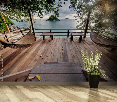 Fototapeta Wydzielony taras z drewnianymi hamakami