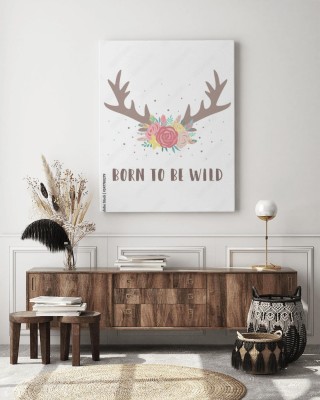 Obrazy do salonu w stylu boho z kwiatami porożem i napisem Born to be wild