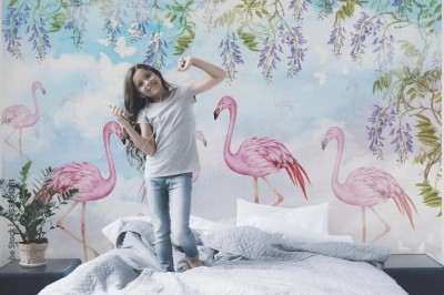Fototapeta Tropikalny wzór z różowymi flamingami
