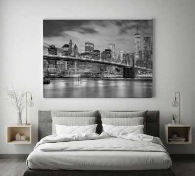 Obrazy do salonu Klasyczne retro ujęcie panoramy Nowego Jorku przedstawiające Manhattan i Brooklyn Bridge w czarno-białych barwach