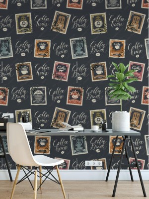 Fototapeta ze znaczkami pocztowymi i ręcznie pisanymi inskrypcjami na temat kawy