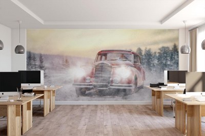 Fototapeta Młoda kobieta prowadząca zabytkowe auto