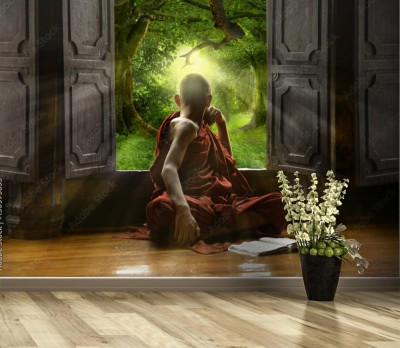 Fototapeta Buddyjski nowicjusz wyglądający przez okno klasztoru