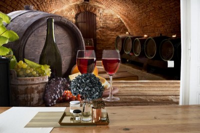 Fototapeta Wino butelka i szkła na drewnianym stole
