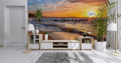 Fototapeta Zachód słońca na plaży nad Bałtykiem w Polsce