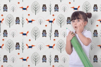 Fototapeta z ślicznym skandynawskim stylu dla dzieci z wzorem  Lisa, niedźwiedzia, jesiennych drzew i grzybów