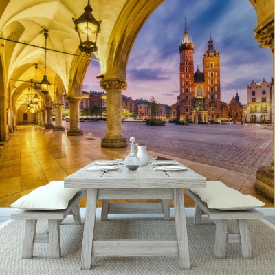 Fototapeta Bazylika Mariacka na Rynku Głównym w Krakowie o zmierzchu