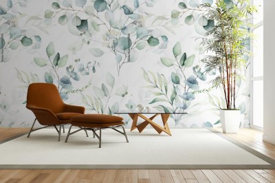 Tapeta malowana akwarelą z wzorem modnych liści w konwencji retro i vintage