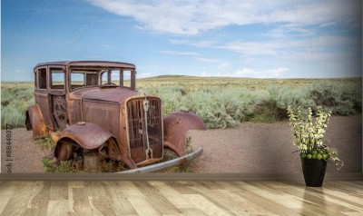 Fototapeta Wrak retro samochodu na pustyni