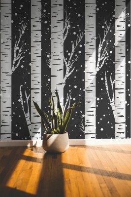 Tapeta Zimowe tło z brzozy i płatki śniegu