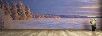 Fototapeta Zamarznięte jezioro Ęijäjärvi w fińskiej Laponii w zimie o zachodzie słońca