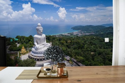 Fototapeta Biała Buddha statua na górze góry z niebieskim niebem w Phuket