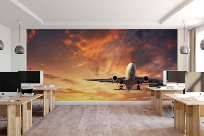 Fototapeta Lądujący samolot pasażerski na tle nieba podczas zachodu słońca