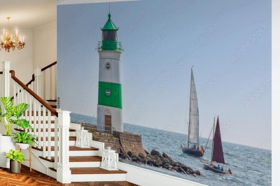 Fototapeta Żaglówki przepływające obok latarni morskiej
