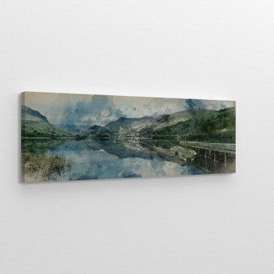 Obrazy do salonu Pejzaż - wioślarskie łodzie na jeziorze z molo na tle góry