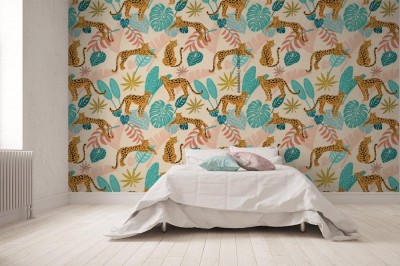 Tapeta Deseń lamparta z tropikalnymi liśćmi 