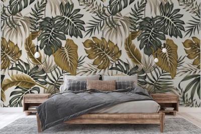 Tapeta egzotycznej dżungli vintage z tropikalnym kwiatowym wzorem liści palmowych 