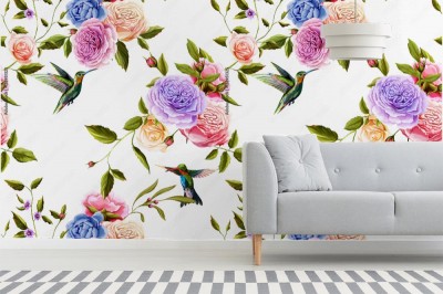 Fototapeta w ręcznie malowane kwiaty róży i piwonii na białym tle z kolibrem