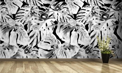 Fototapeta z malownym tuszem motywem egotycznych liści monstera