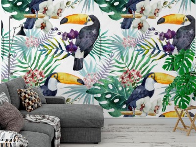 Tapeta Deseń z tukanem i orchideą