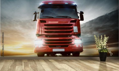 Fototapeta Czerwona ciężarówka na autostradzie