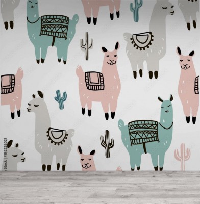 Tapeta Modny wzór z alpagą - lama i kaktus 