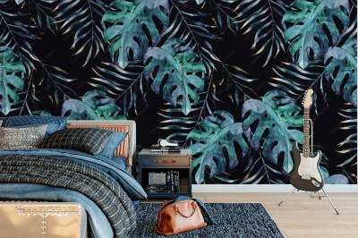 Tapeta obrazująca modny maksymalizm tropikalny na ciemnym tle