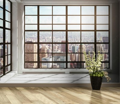 Fototapeta z oknem przez które widać miasto