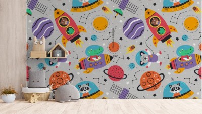 Tapeta z dziecięcym wzorem w spodki kosmiczne
