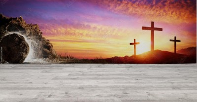 Fototapeta Rezurekcja - Otwarty grób oraz trzy krzyże na tle zachodzącego słońca