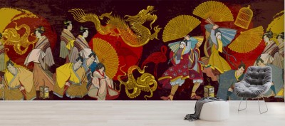 Fototapeta Japońska ilustracja złotego dagonu, samuraja i gejsz