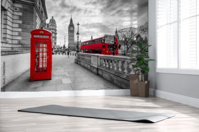 Fototapeta Londyńska czerwona budka telefoniczna i wieża zegarowa Big Ben