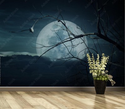 Fototapeta Upiorny las z pełni księżyca, martwe drzewa, tło Halloween