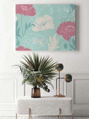 Obraz na płótnie w ręcznie rysowane pastelowe kwiaty maku z liśćmi na zielonym tle