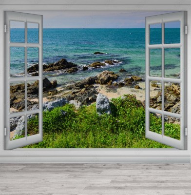 Fototapeta widok na morze przez otwarte okno