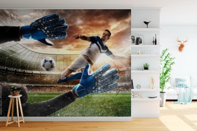 Fototapeta Bramkarz łapie piłkę na stadionie