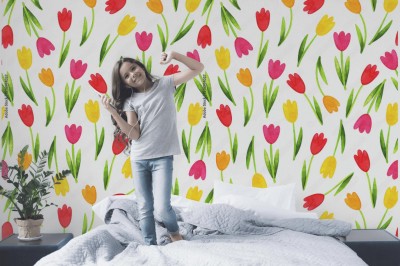 Fototapeta Wiosenny wielokolorowy wzór z rozrzuconymi kwiatami tulipana