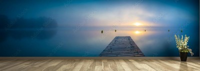 Fototapeta Wschód słońca nad jeziorem z kładką i mgłą