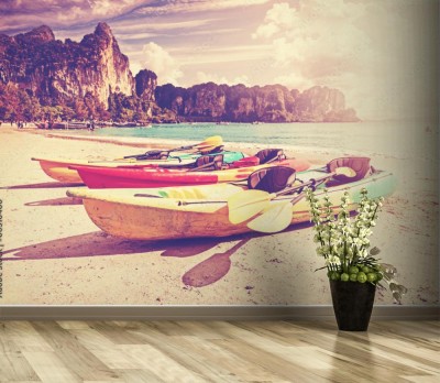 Fototapeta Kajaki na tropikalnej plaży w odcieniach vintage