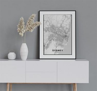 Plakat Mapa miasta Sydney (Australia) Czarno-biały plakat z mapą Sydney Schemat ulic i dróg Sydney