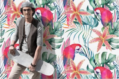 Tapeta Tropikalny wzór z papug, storczyków i liści