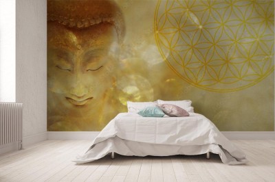 Fototapeta Sztandar Buddha z kwiatem życia w złotym świetle