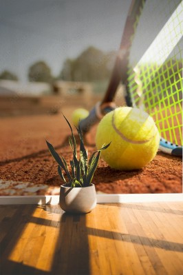 Fototapeta Tenis, rakieta tenisowa i piłka tenisowa na korcie