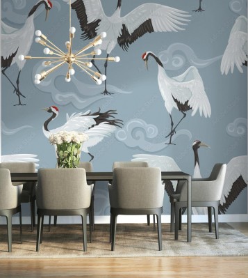 Tapeta Modny wzór z japońskimi żurawiami i chmurami