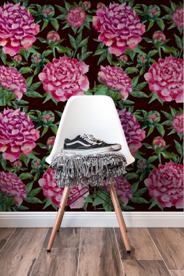 Fototapeta na ścianę "Różowe, ręcznie malowane Piwonie z pąkami i liśćmi"