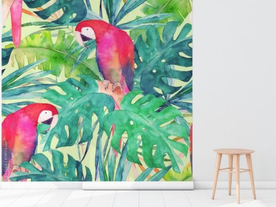 Tapeta Papugi wśród tropikalnych liści