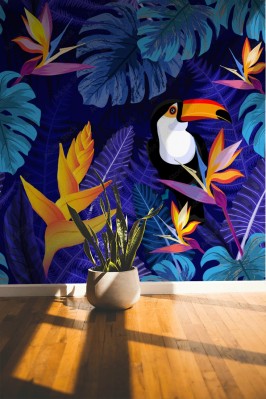 Tapeta Tukany między tropikalnymi liśćmi