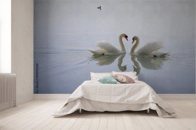 Fototapeta do sypialni z dwoma pięknymi łabędziami