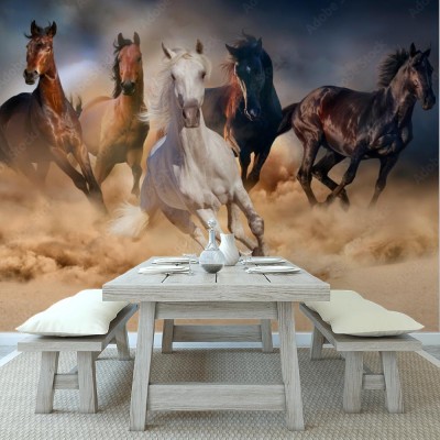 Fototapeta Galopujące konie podczas burzy piaskowej