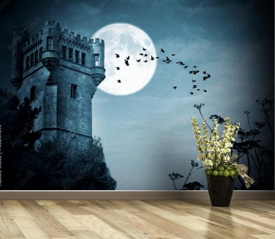 Fototapeta Zamek Halloween z księżycem, noc